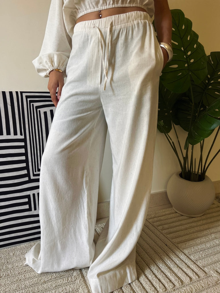 Beige Wide Leg Linen Pants - Mii