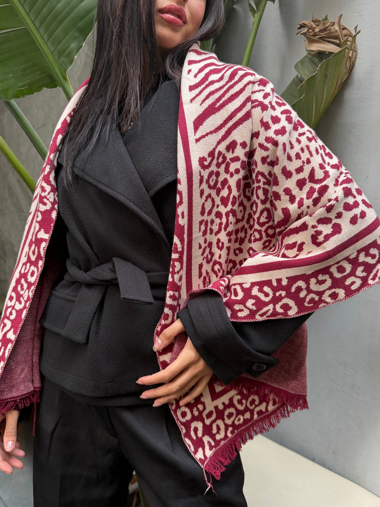 Beige X Burgundy Berry Animal Knit Scarf - Mii