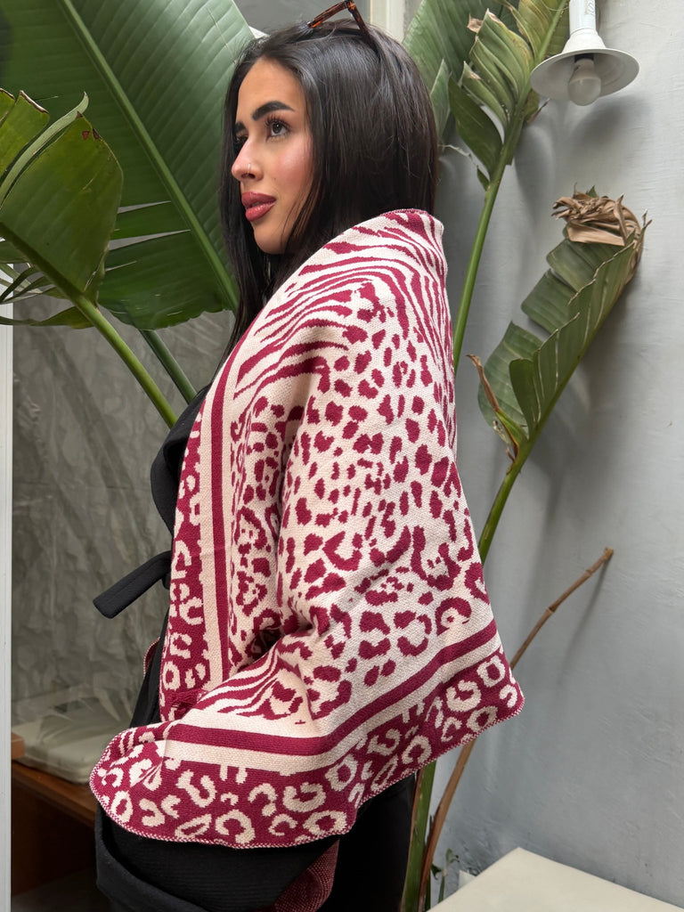 Beige X Burgundy Berry Animal Knit Scarf - Mii
