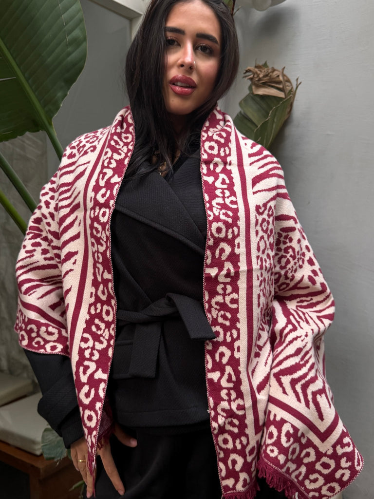Beige X Burgundy Berry Animal Knit Scarf - Mii