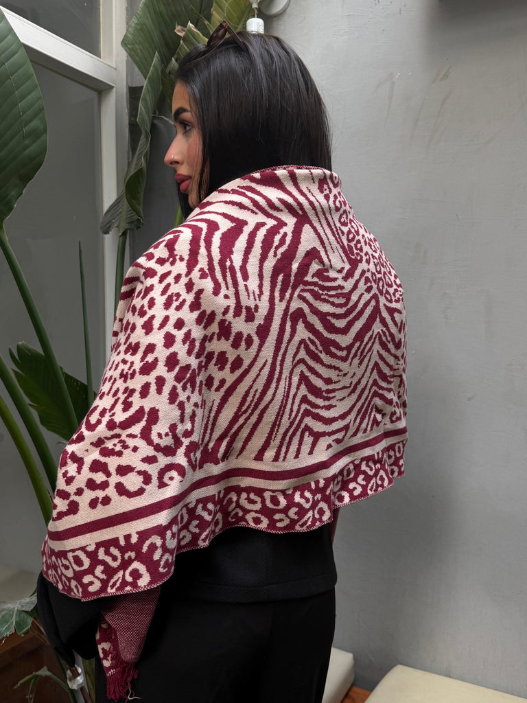 Beige X Burgundy Berry Animal Knit Scarf - Mii