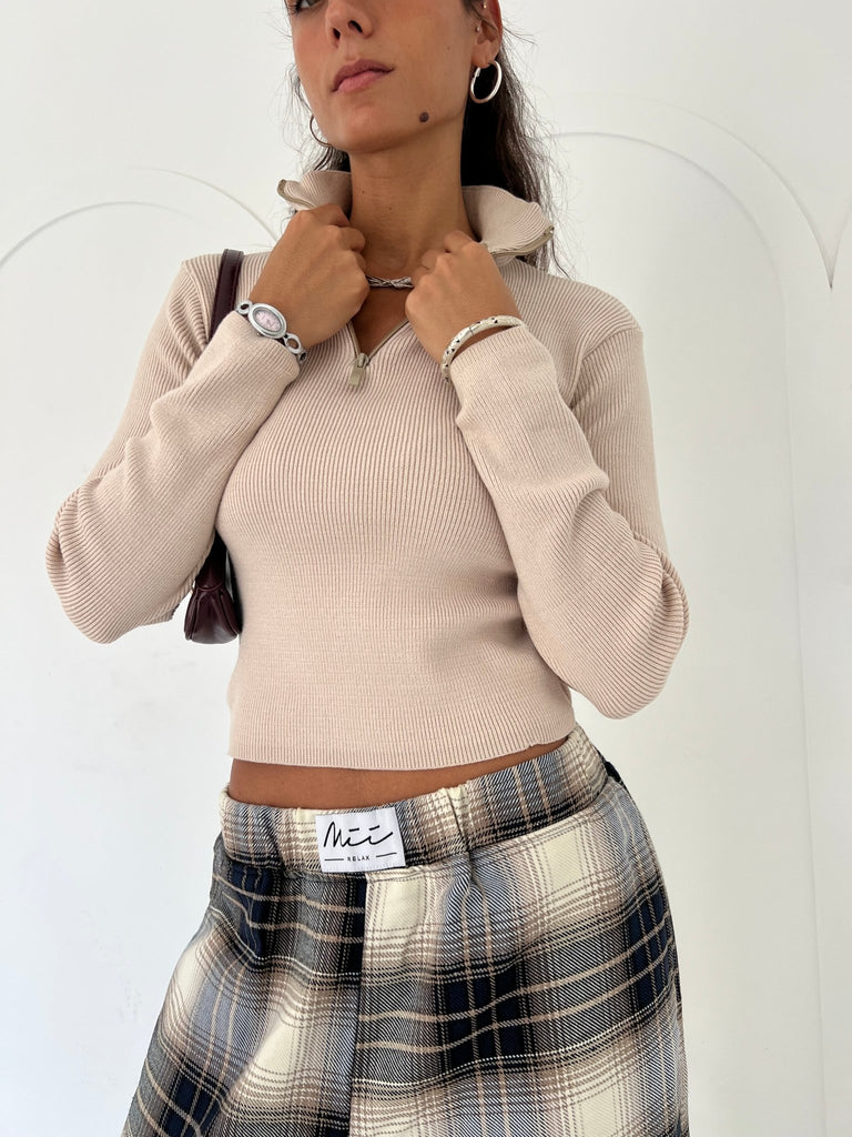 Beige Zip Up Basic Top - Mii