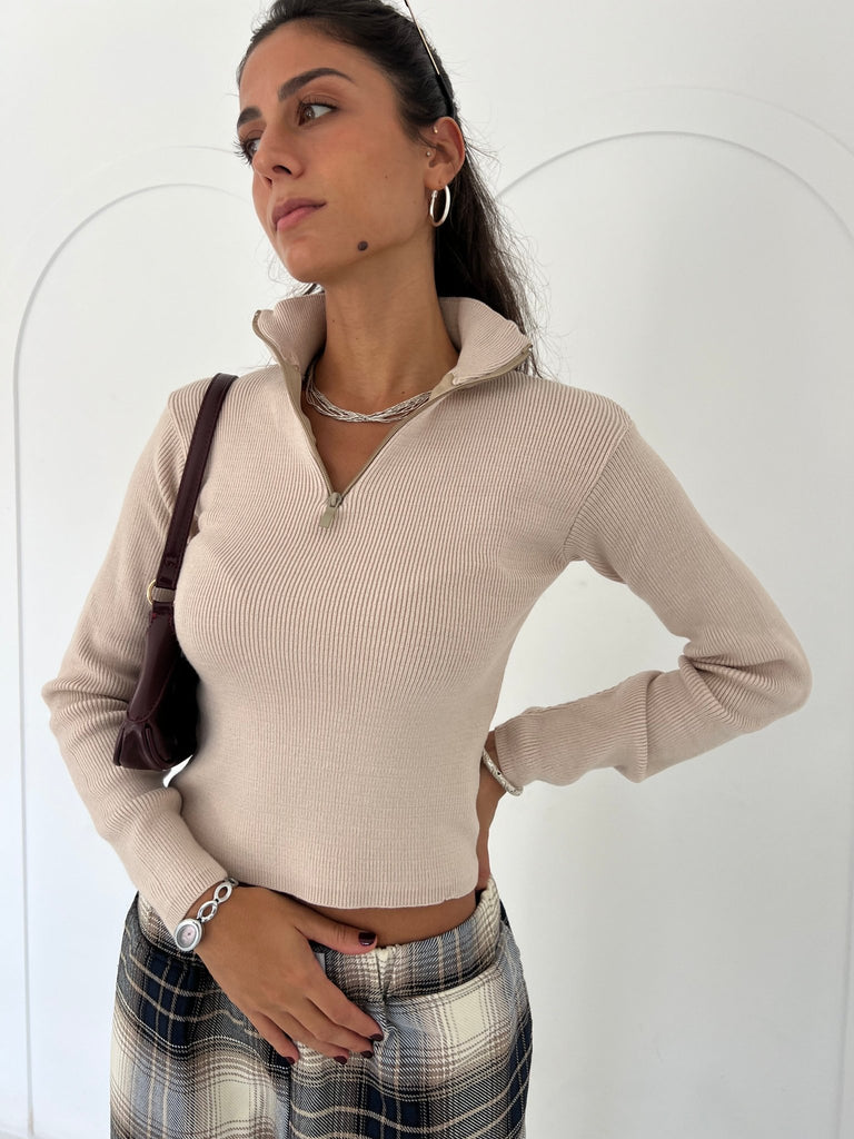 Beige Zip Up Basic Top - Mii