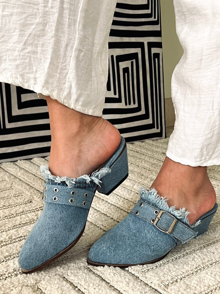 Belted Denim Short Heels Mule - Mii