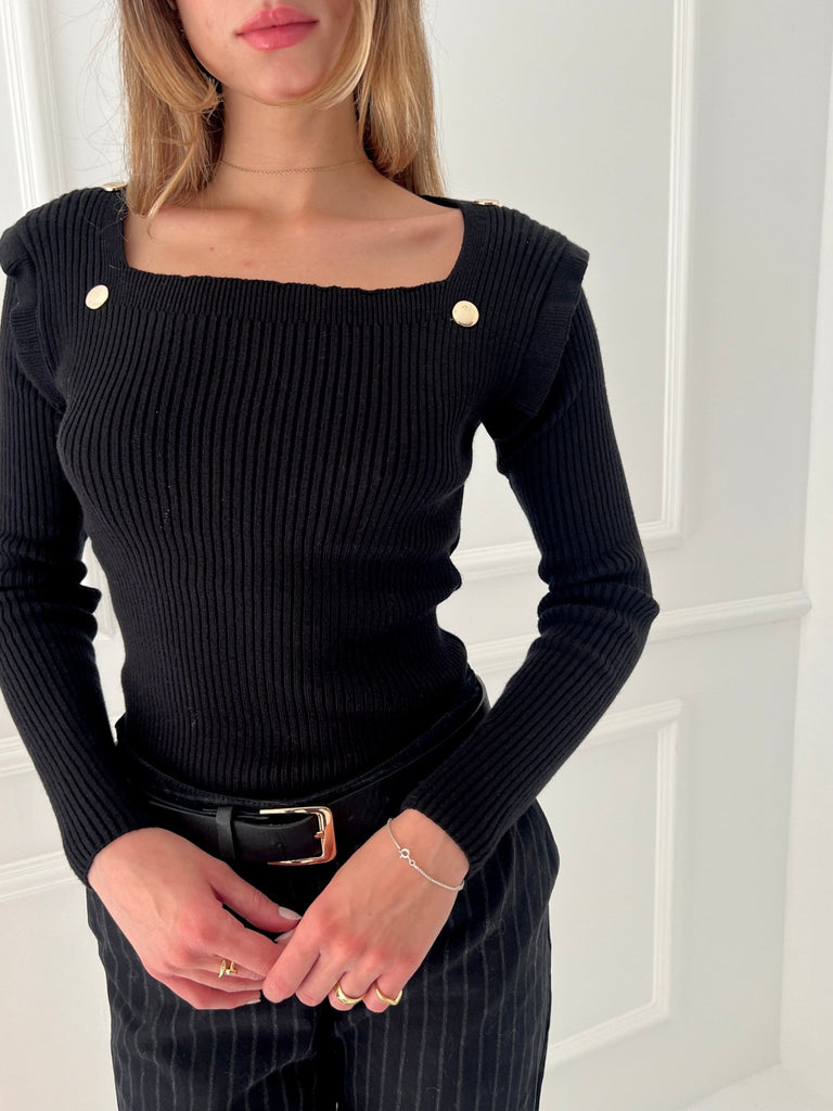 Black Buttoned Square Neckline Basic Pullover - Mii