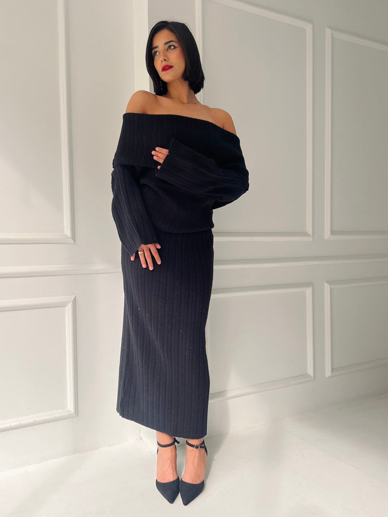 Black Cable Knit Long Skirt Set - Mii