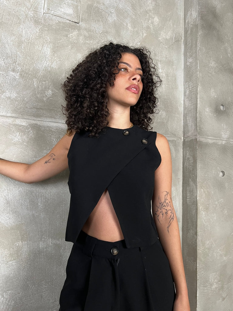 Black Double Button Wrap Vest - Mii