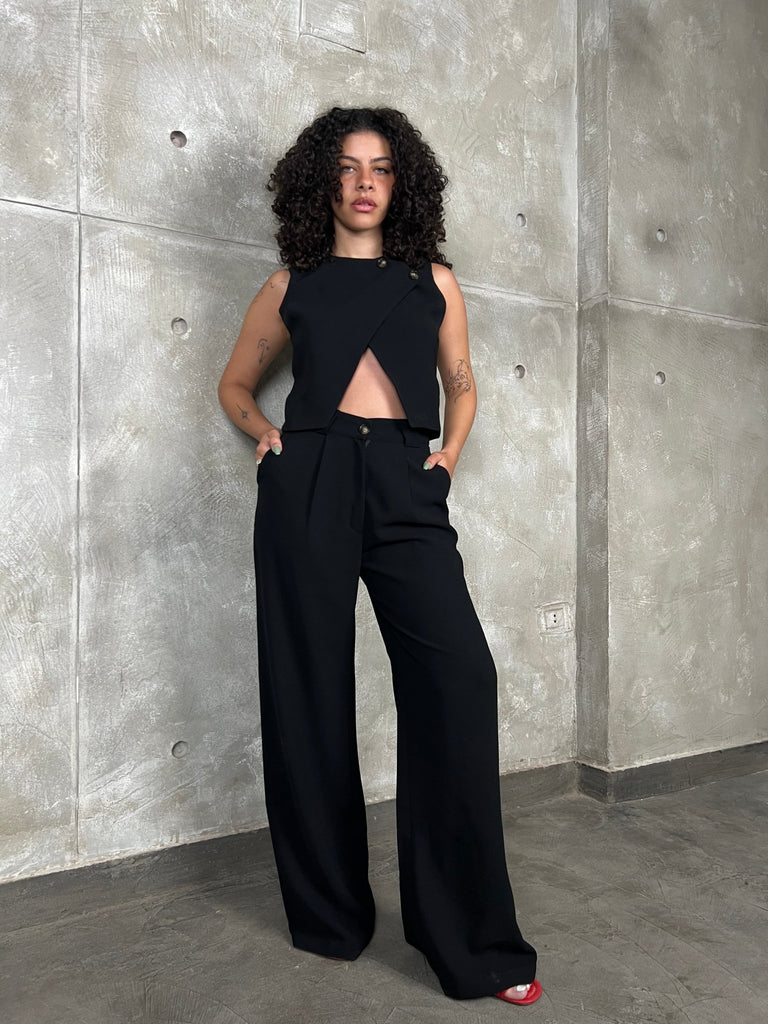 Black Double Button Wrap Vest - Mii