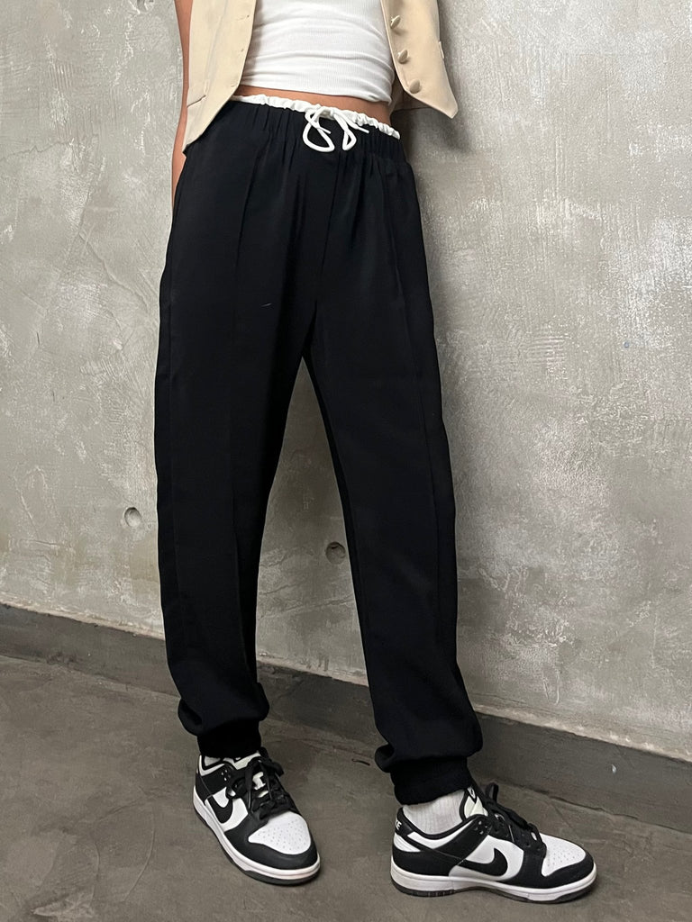 Black Double Satin Waist Pants - Mii