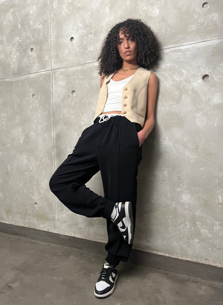 Black Double Satin Waist Pants - Mii