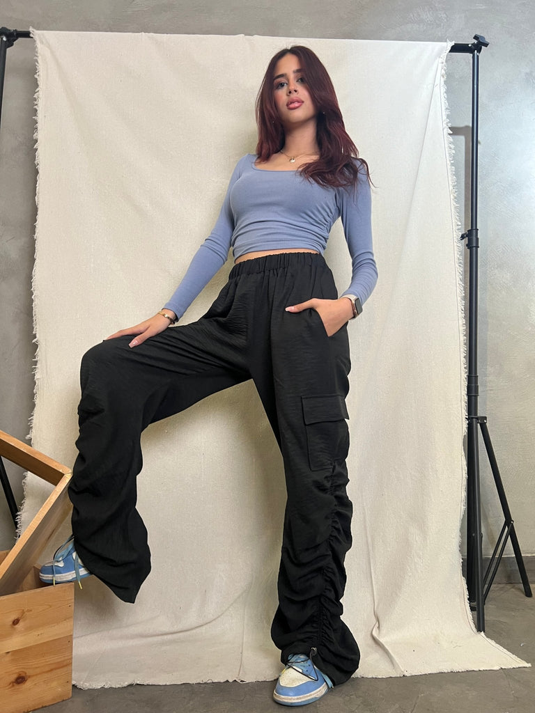 Black Flap Pocket Side Drawstring Waist Parachute Pants - Mii