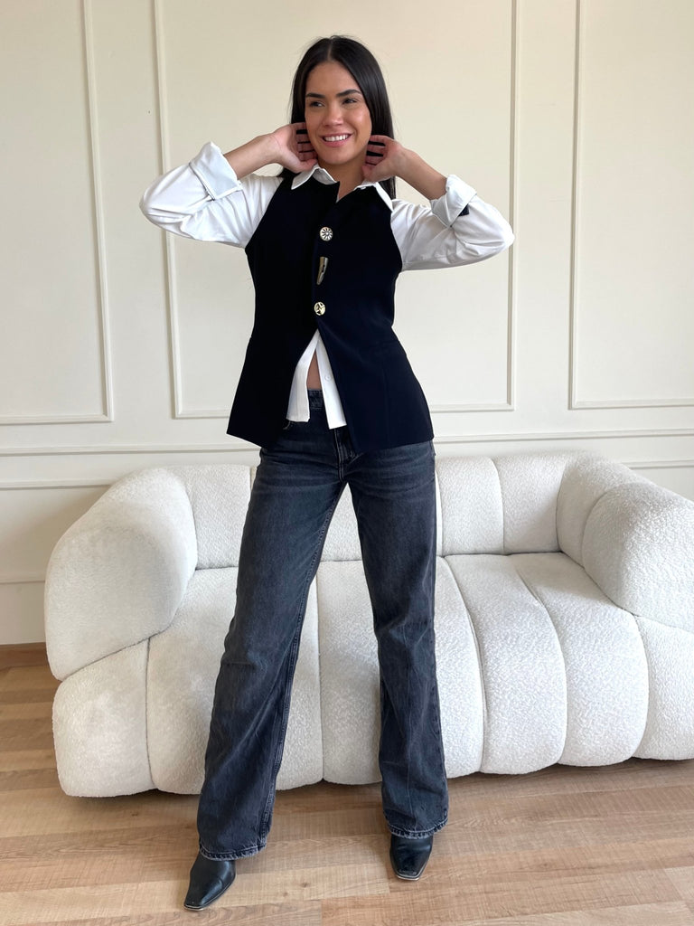 Black French Style Metal Button Vest - Mii