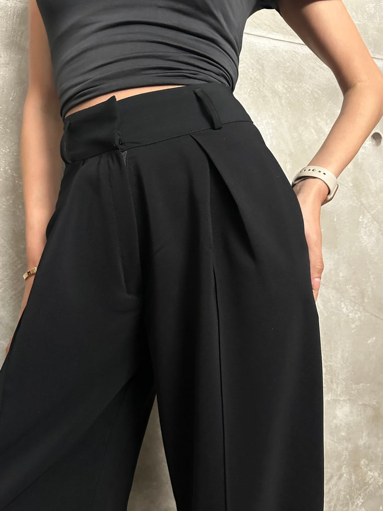 Black High Waisted Plicated Detail Wide Leg Suit Pants - Mii