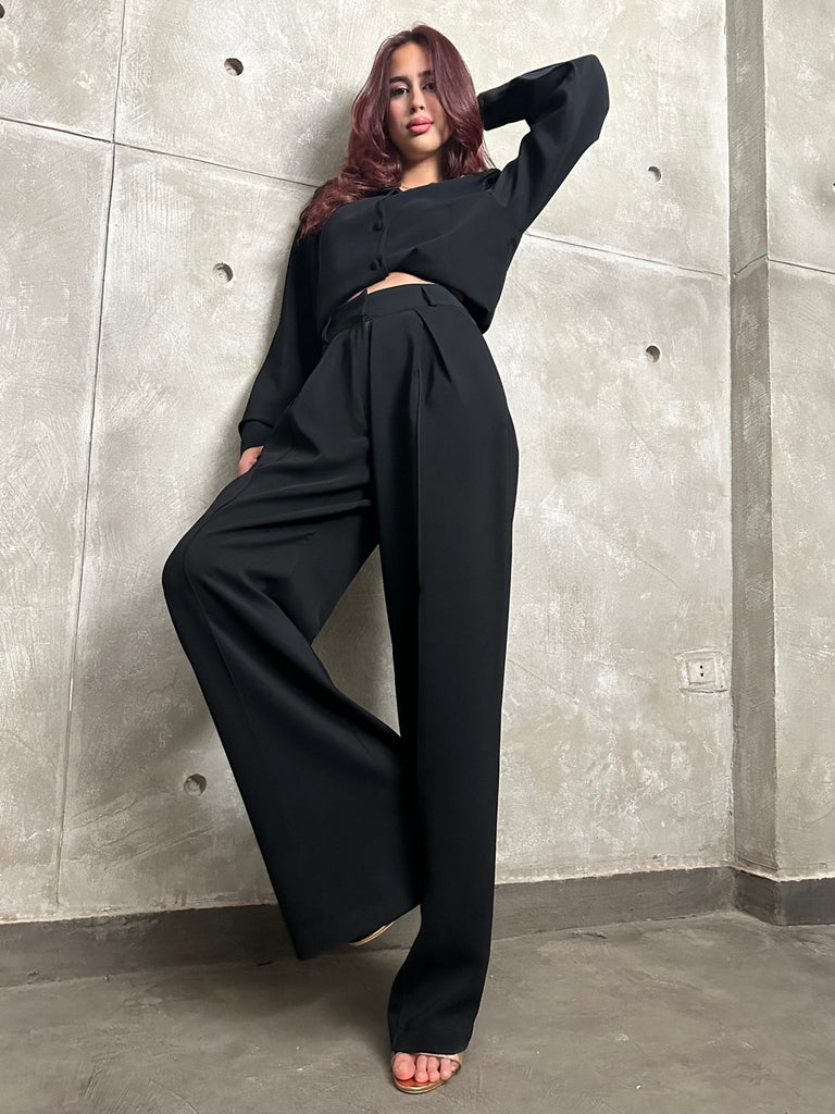 Black High Waisted Plicated Detail Wide Leg Suit Pants - Mii