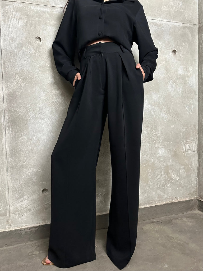 Black High Waisted Plicated Detail Wide Leg Suit Pants - Mii