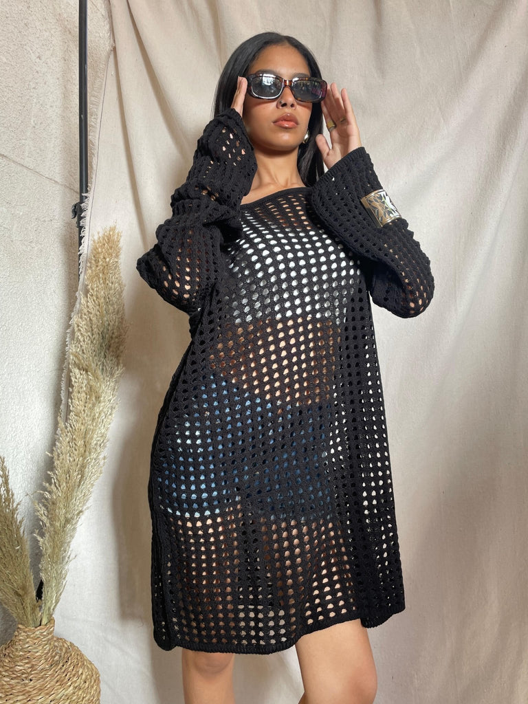 Black Hollow Out Lose Coverup Dress - Mii