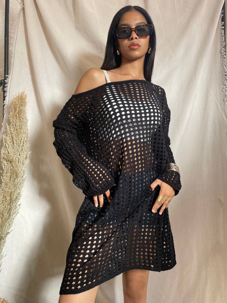 Black Hollow Out Lose Coverup Dress - Mii