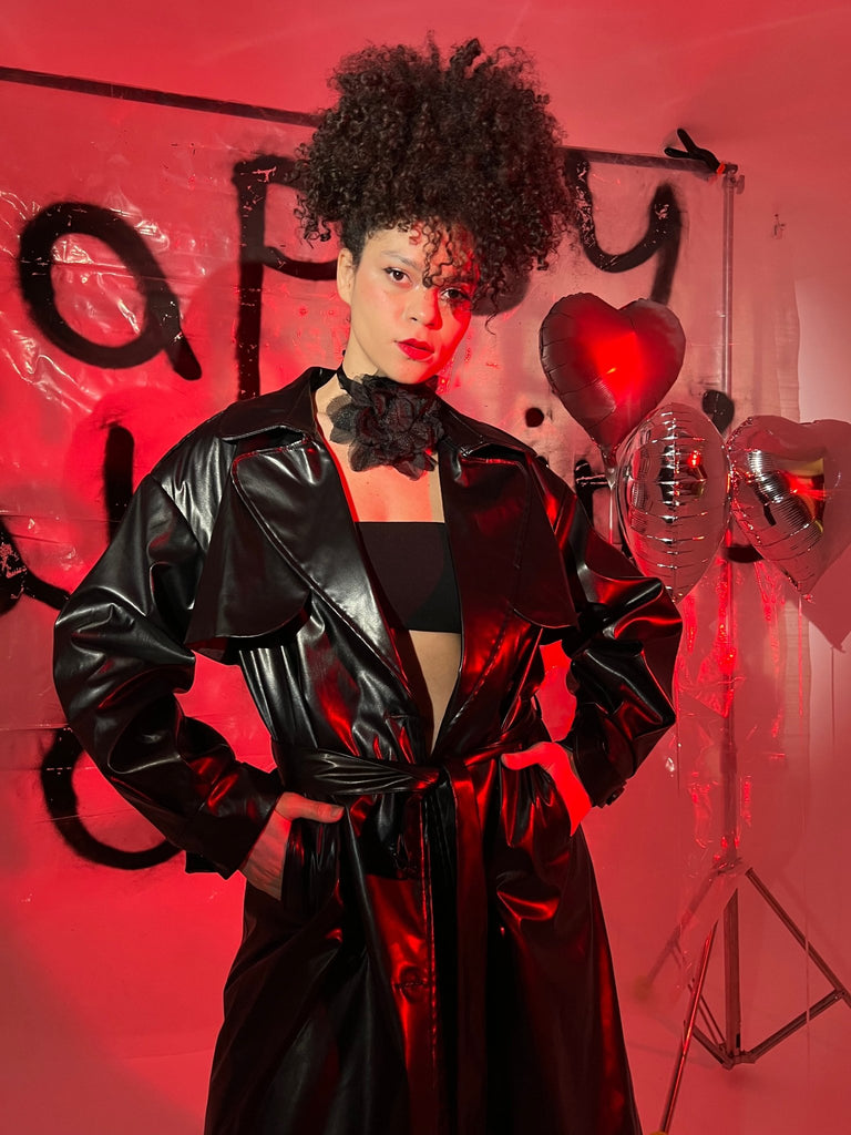 Black Leather Trench Coat - Mii