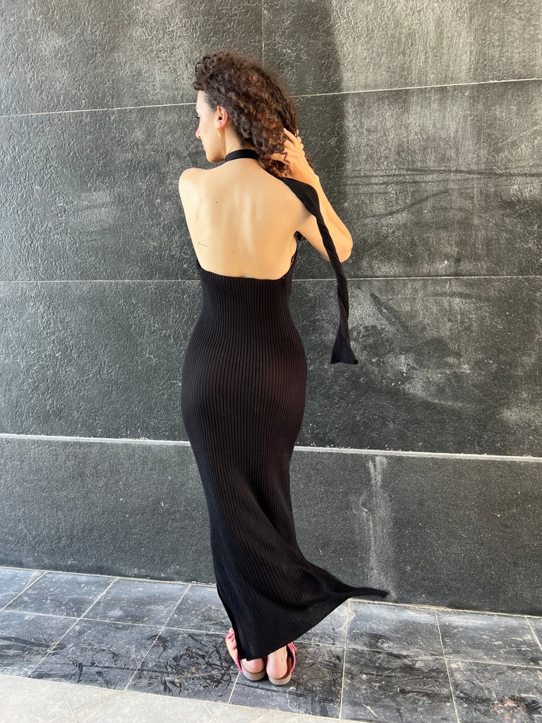 Black Long Backless Scarf Dress - Mii