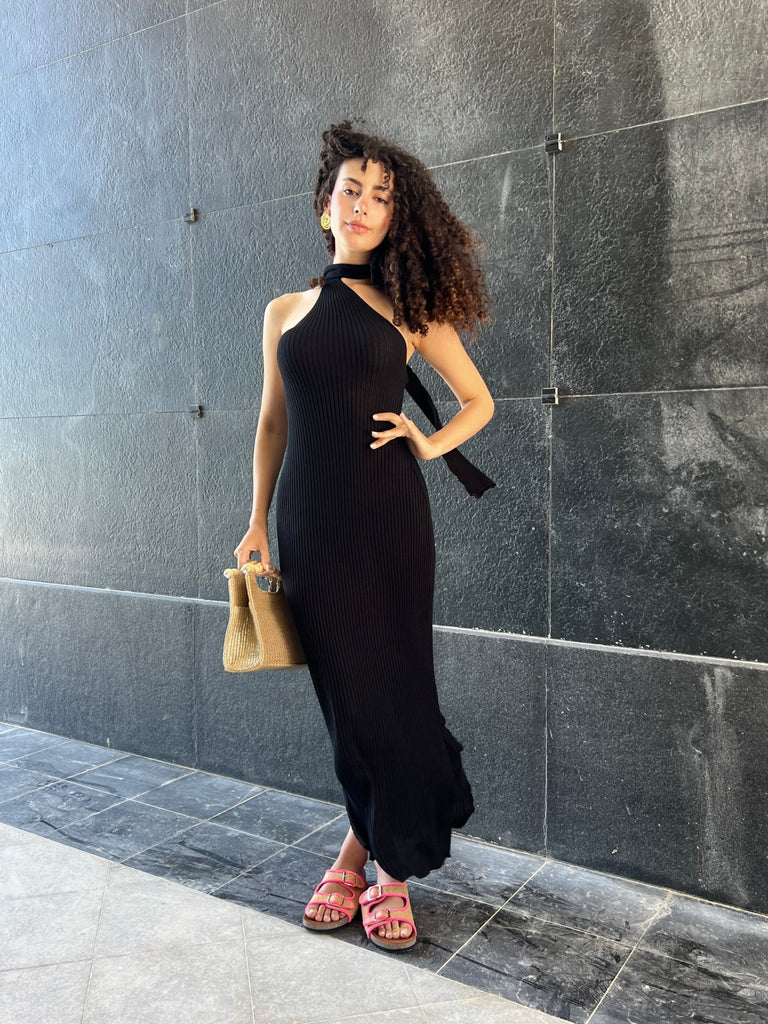 Black Long Backless Scarf Dress - Mii