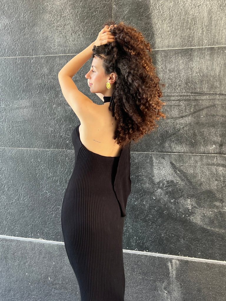 Black Long Backless Scarf Dress - Mii