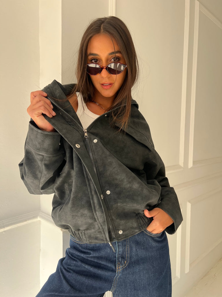 Black Matte Leather Oversized Jacket - Mii