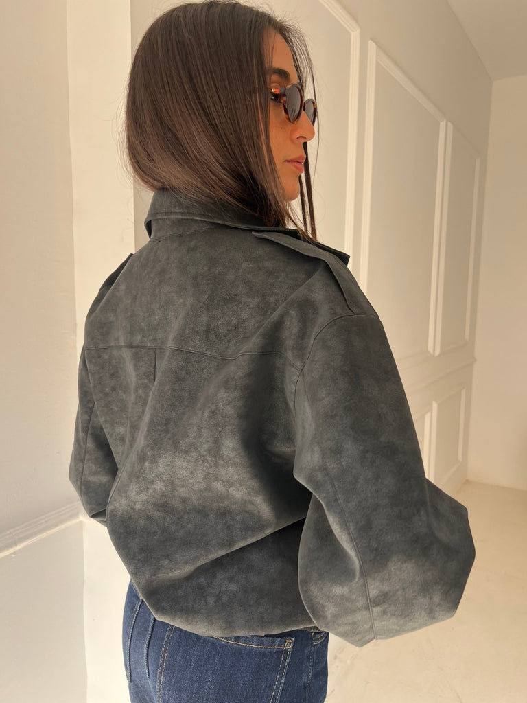 Black Matte Leather Oversized Jacket - Mii