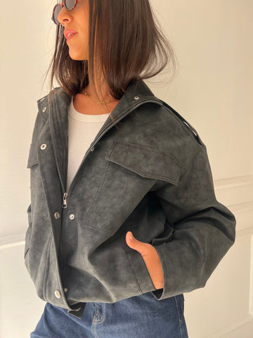 Black Matte Leather Oversized Jacket - Mii