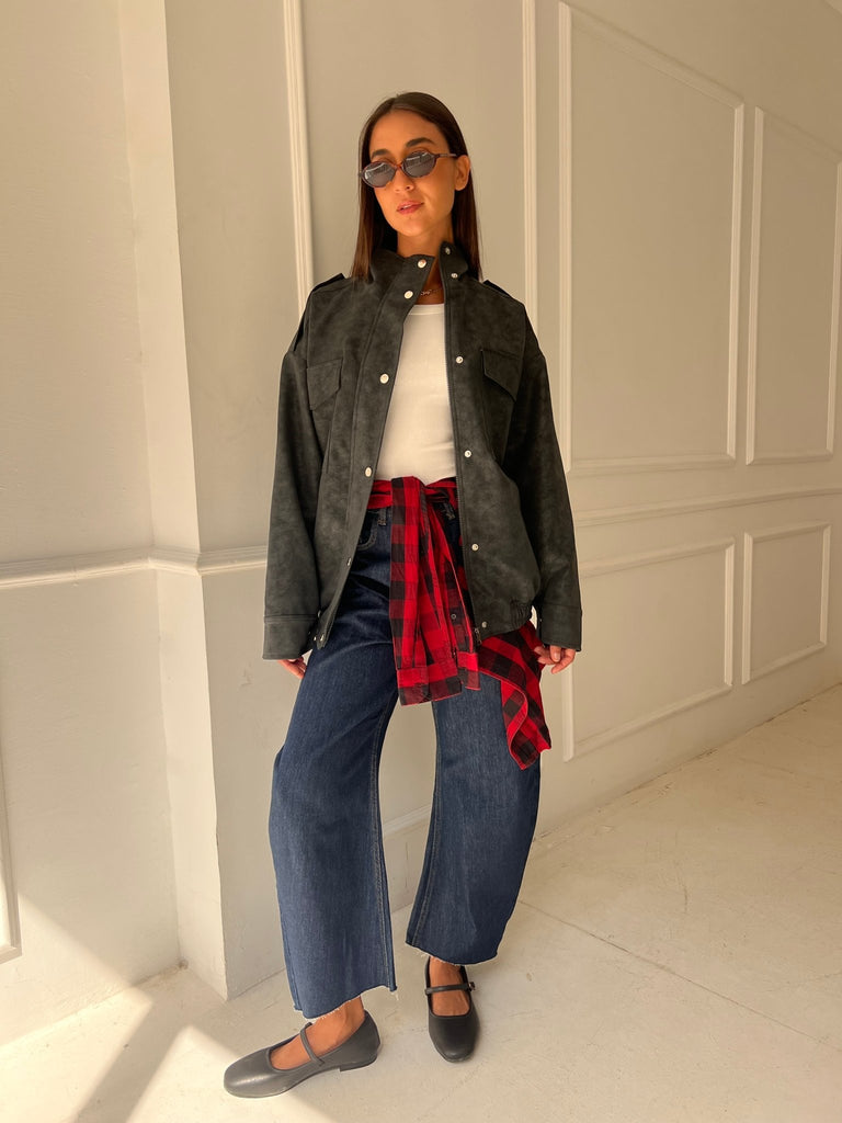 Black Matte Leather Oversized Jacket - Mii