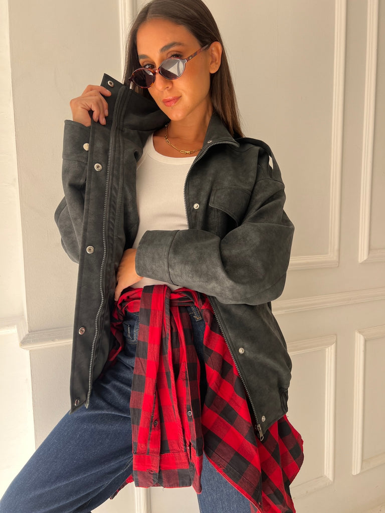 Black Matte Leather Oversized Jacket - Mii