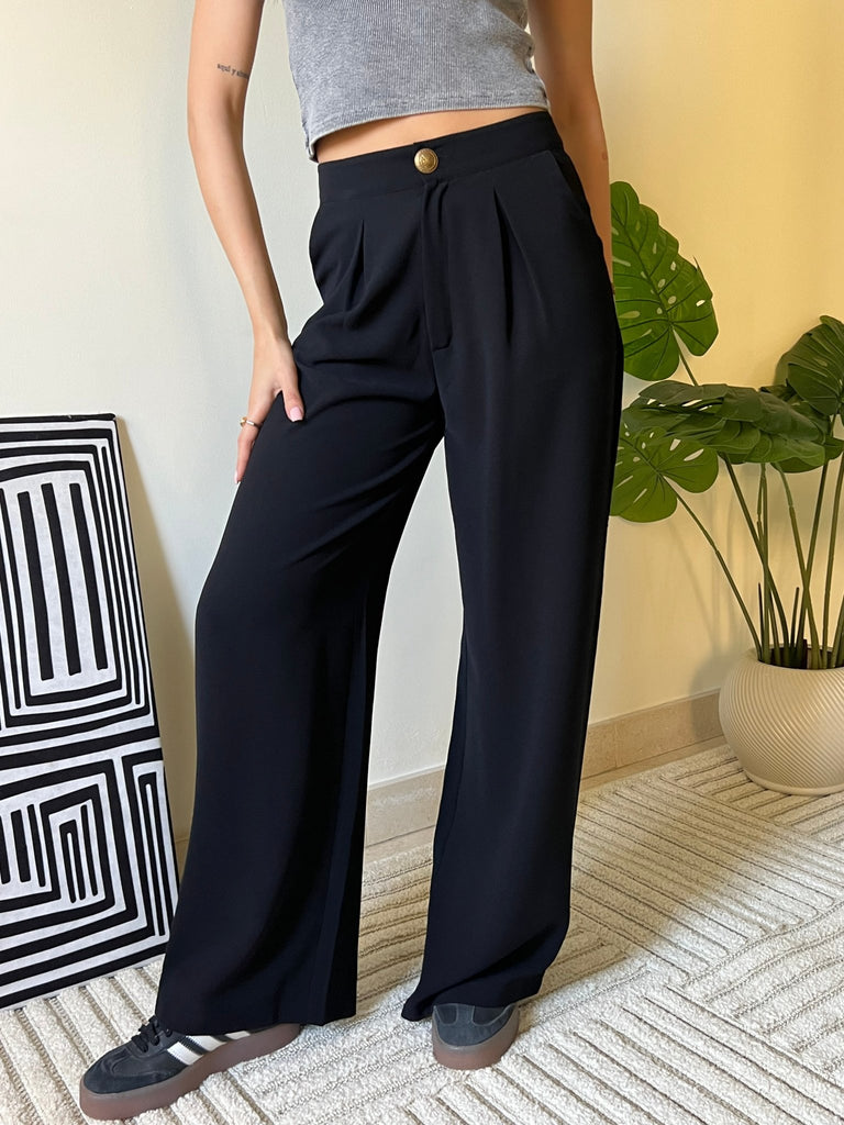 Black Metal Button Formal Pants - Mii