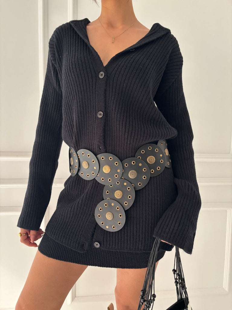 Black Mini Skirt Cardigan Set - Mii