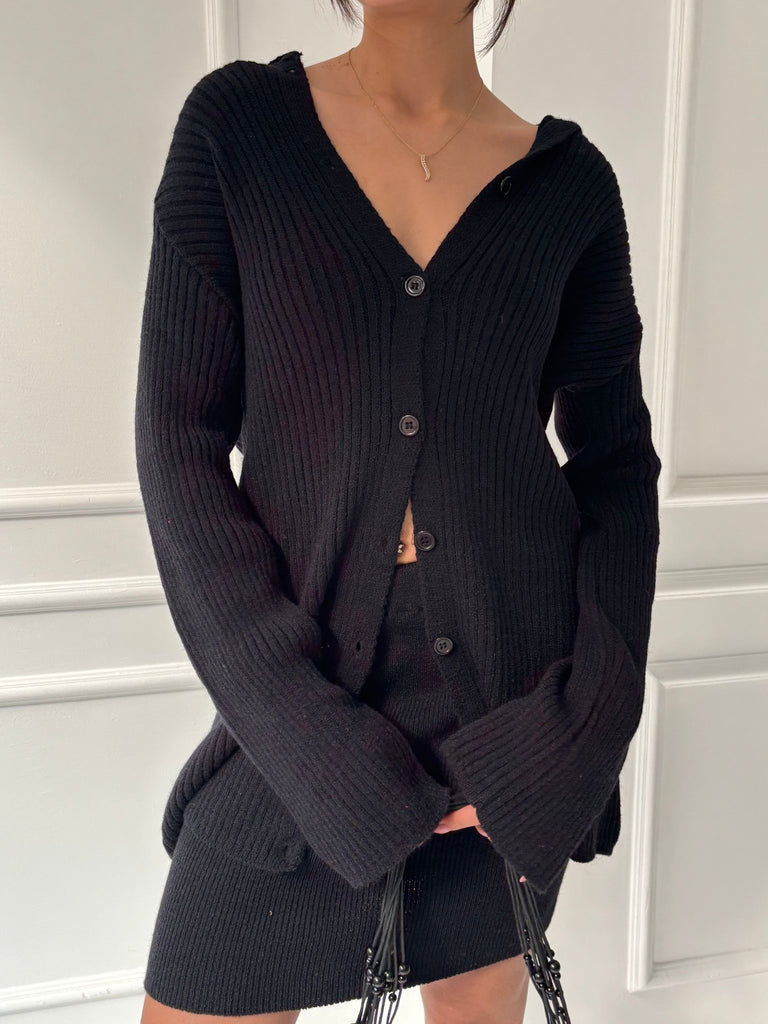 Black Mini Skirt Cardigan Set - Mii