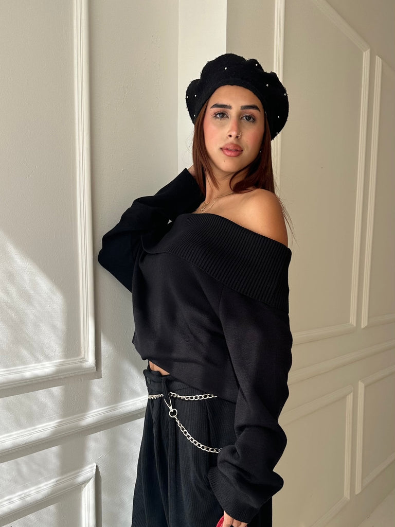 Black Off Shoulder Pullover - Mii
