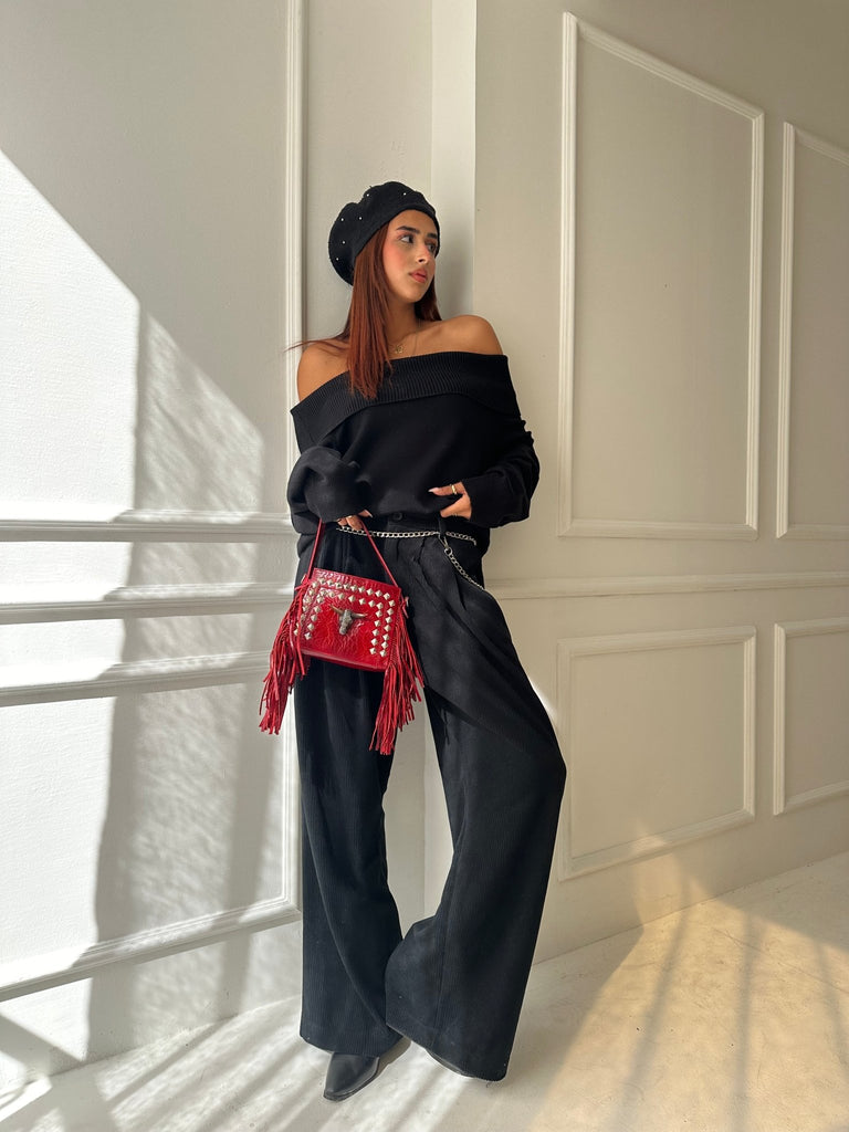 Black Off Shoulder Pullover - Mii