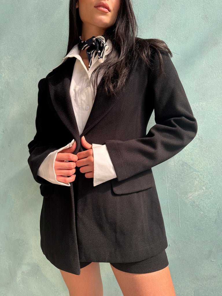 Black One Button Relaxed Textured Blazer - Mii