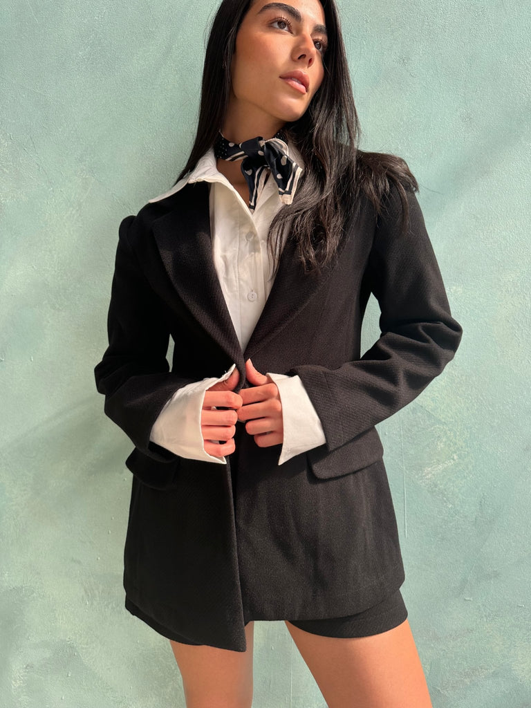 Black One Button Relaxed Textured Blazer - Mii