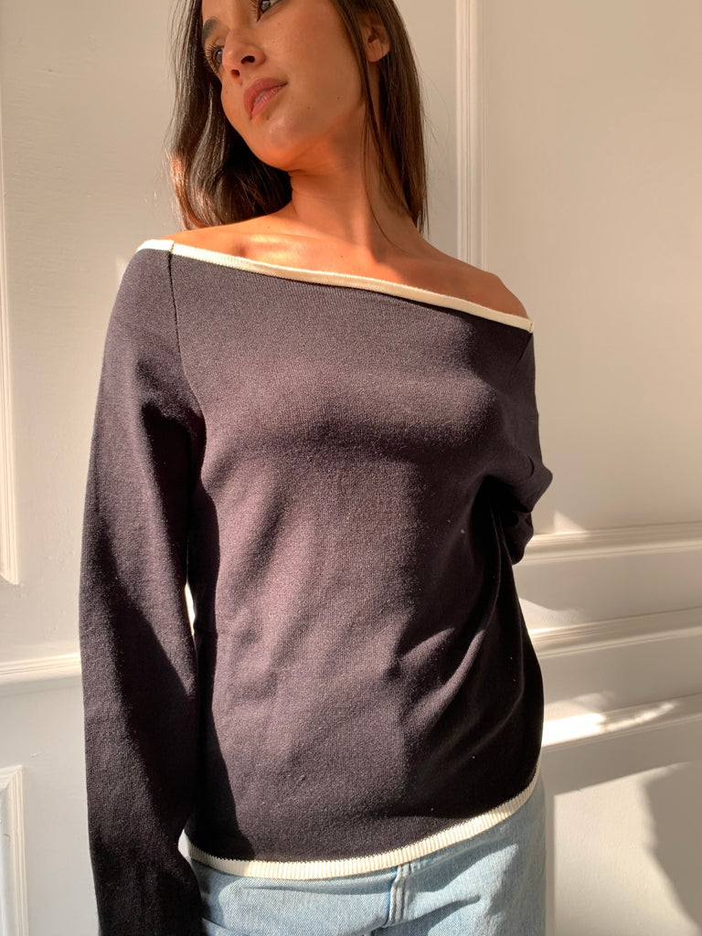 Black One Shoulder Lined Knit Pullover - Mii
