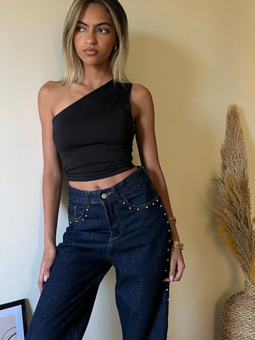 Black One Shoulder Top (with removable flower) - Mii