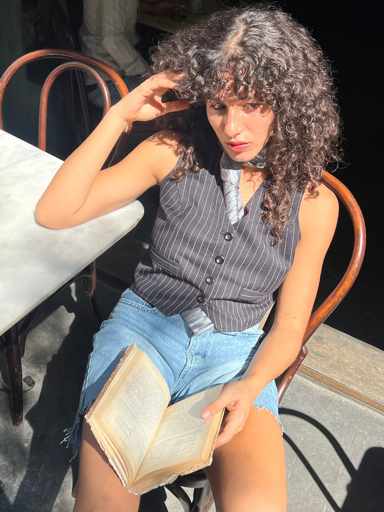 Black Pinstripe Striped Suit Vest - Mii