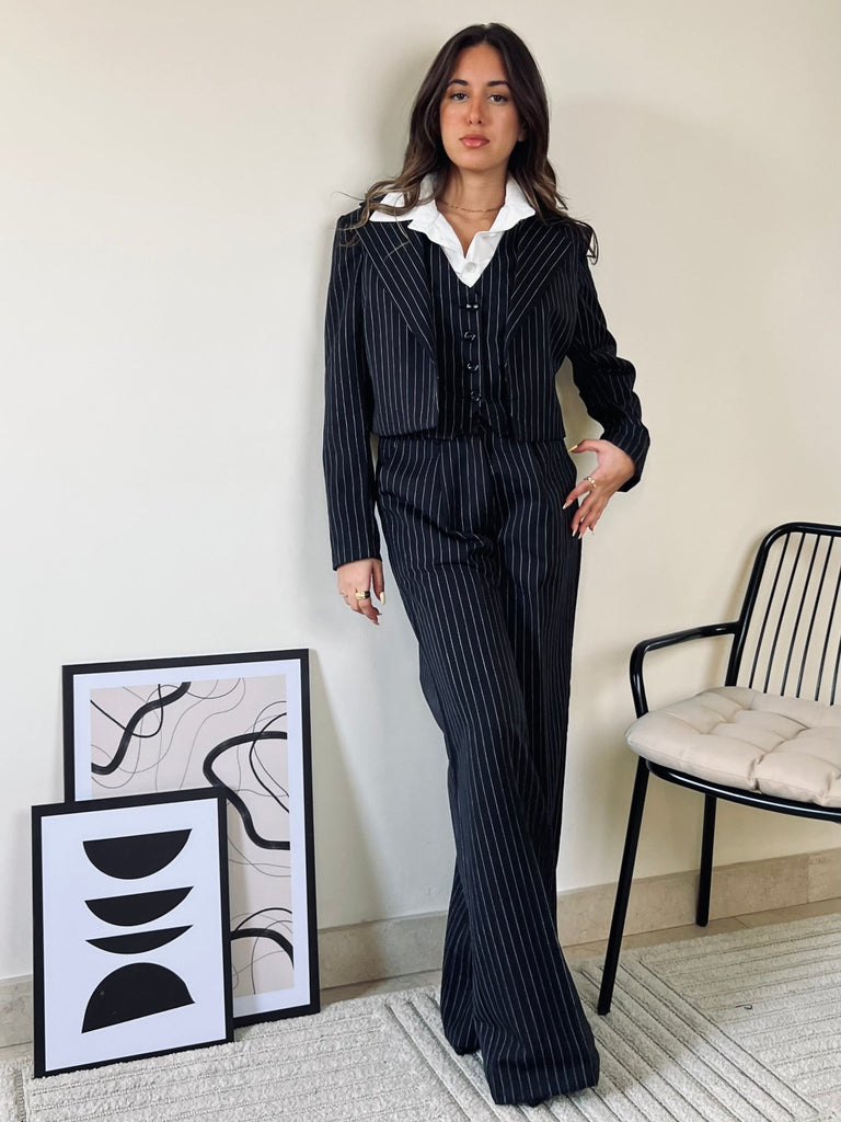 Black Pinstripe Suit Blazer - Mii