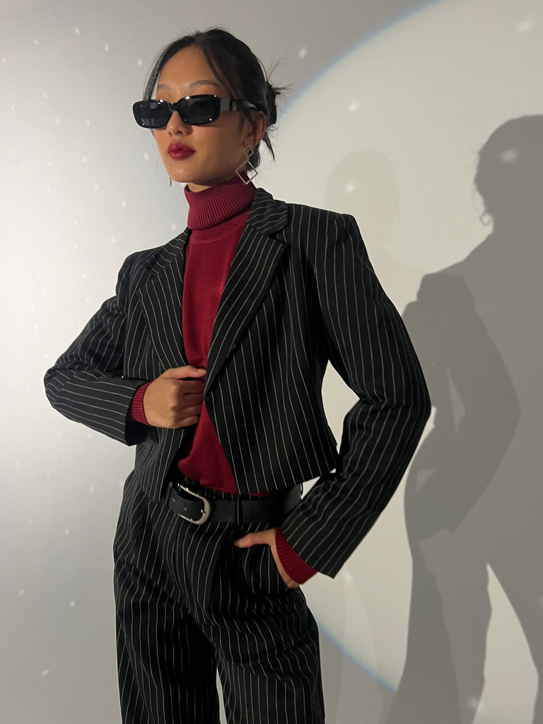 Black Pinstripe Suit Blazer - Mii