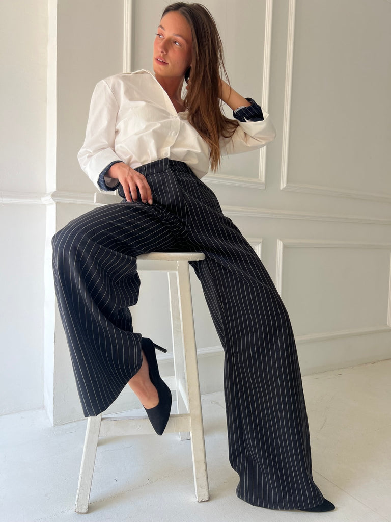 Black Pinstripe Suit Pants - Mii