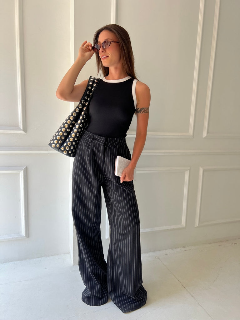 Black Pinstripe Suit Pants - Mii