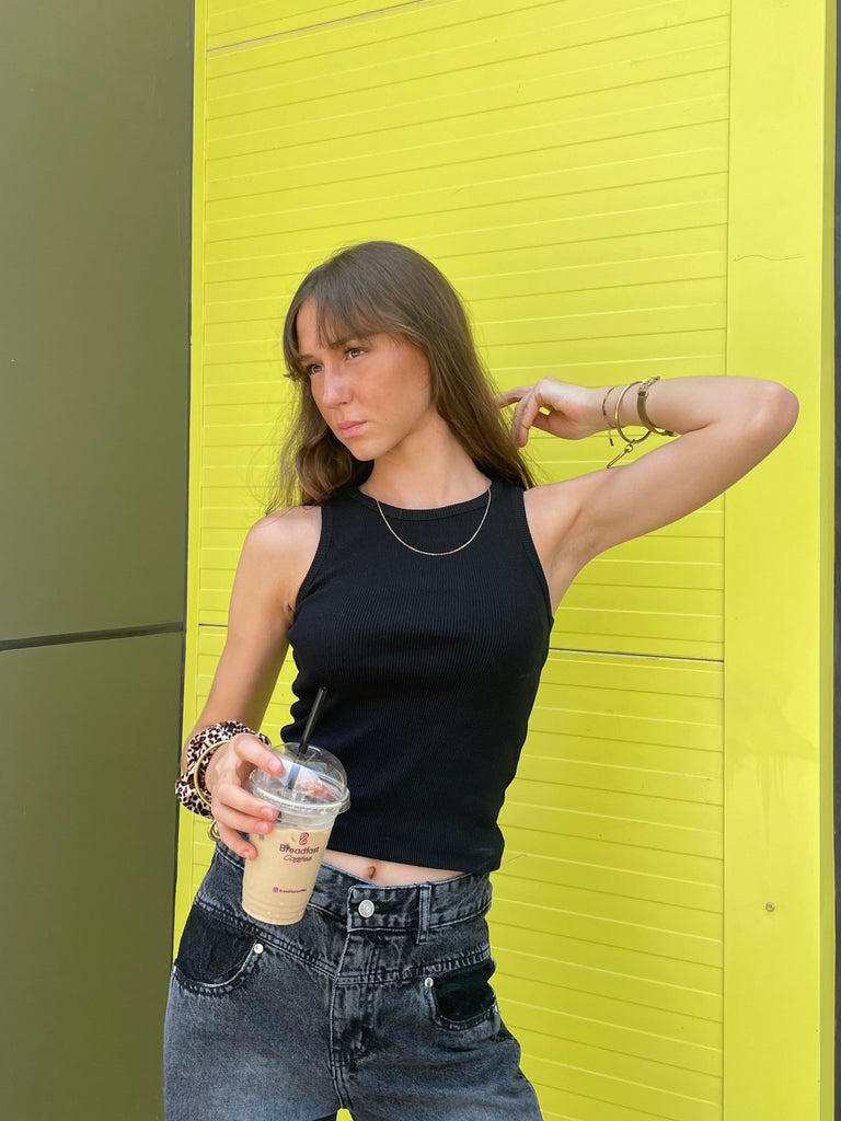 Black Round Neck Ribbed Top - Mii