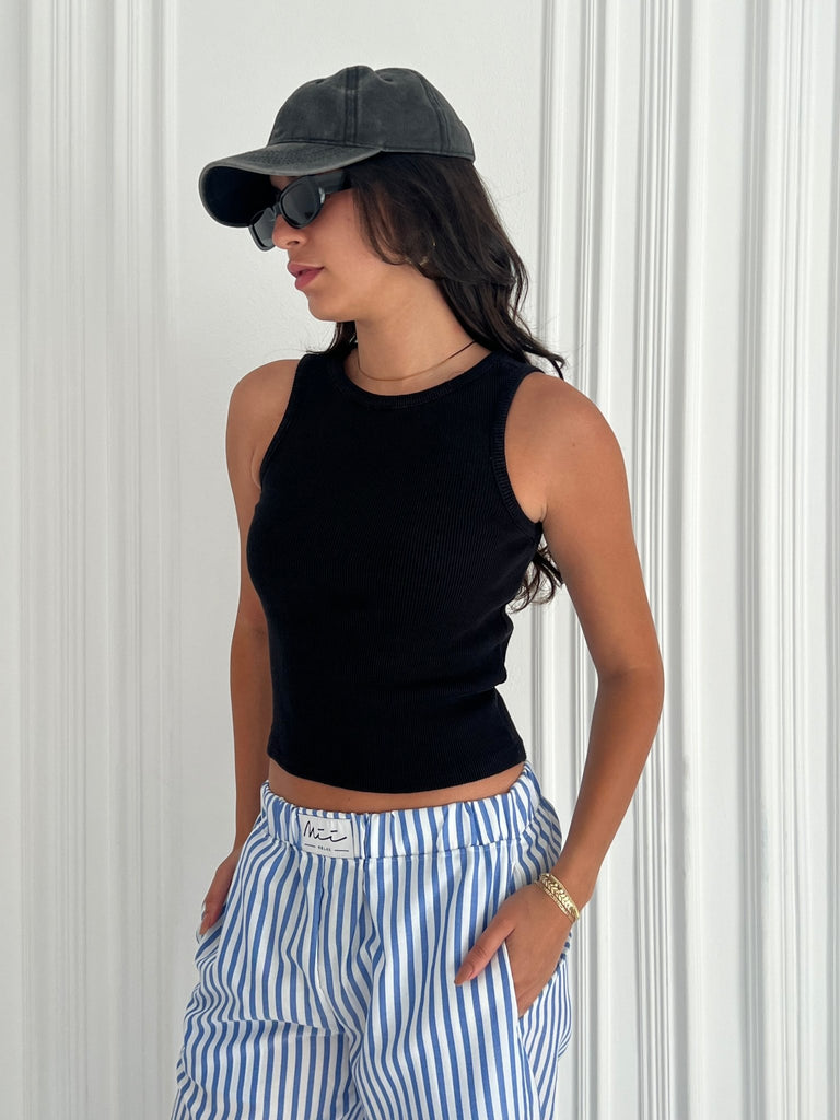 Black Round Neck Ribbed Top - Mii