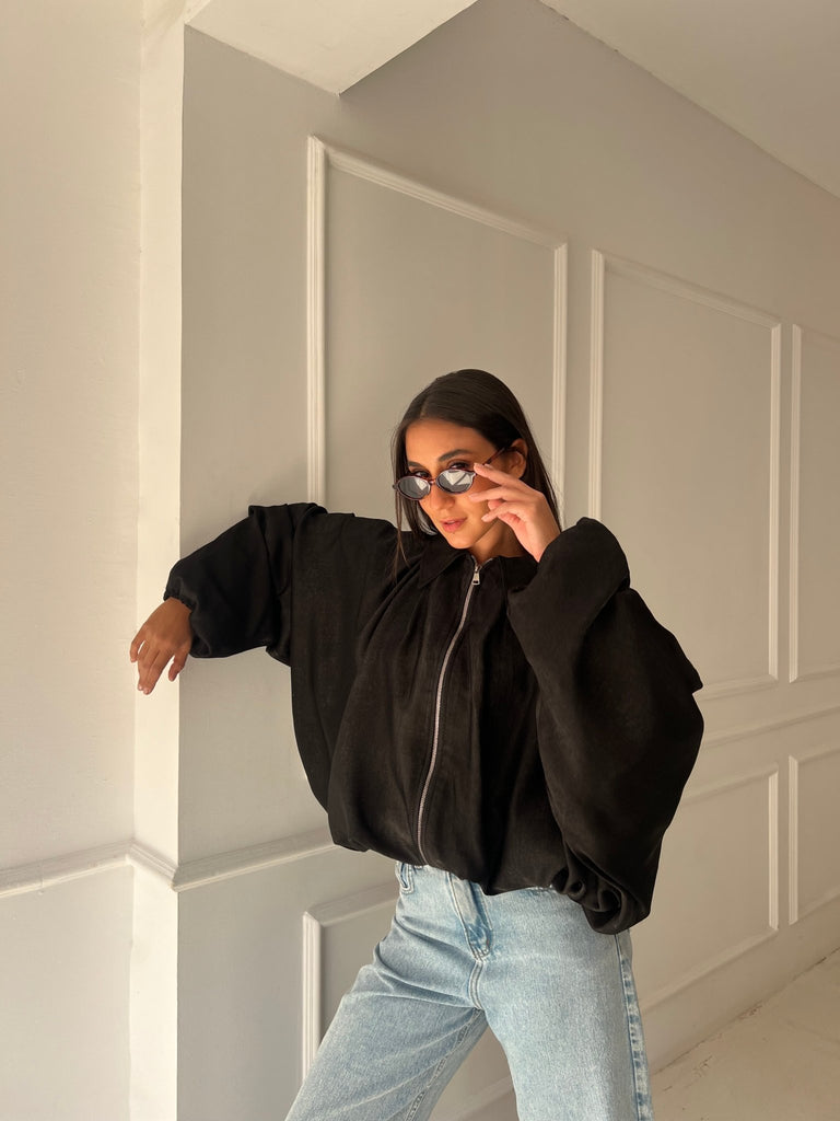 Black Satin Balloon Jacket - Mii