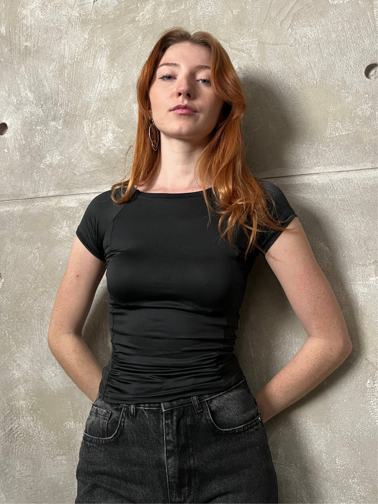 Black Slim Fit Gathered Front Top - Mii