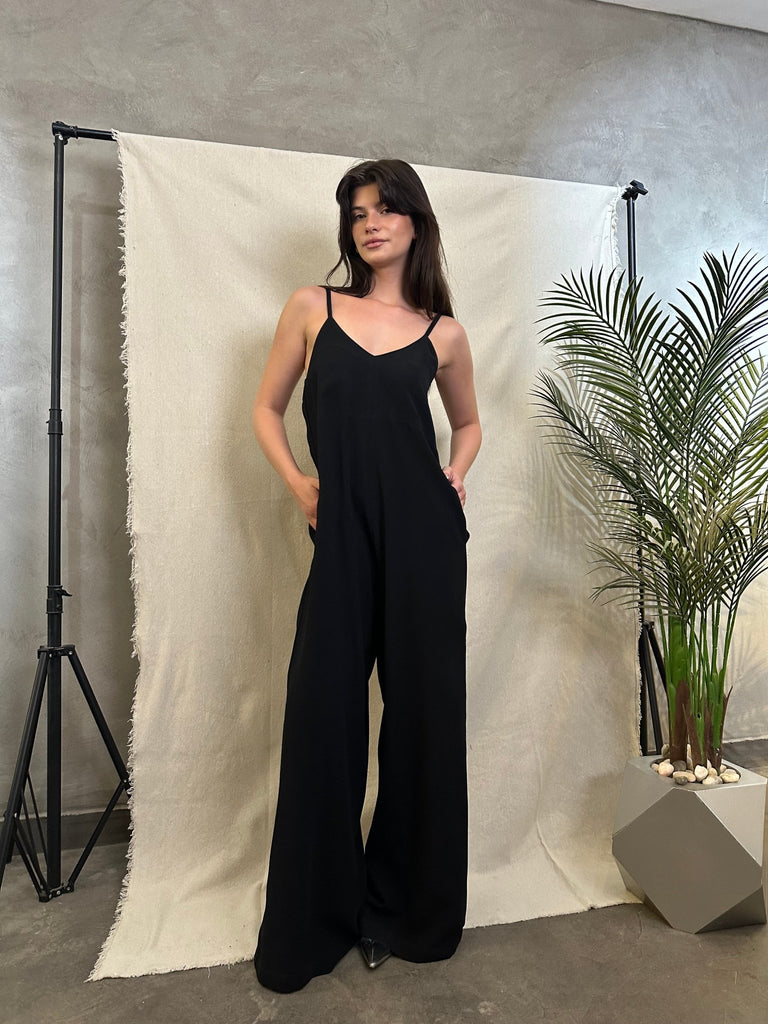 Black Spaghetti Strap Wide Leg Jumpsuit - Mii