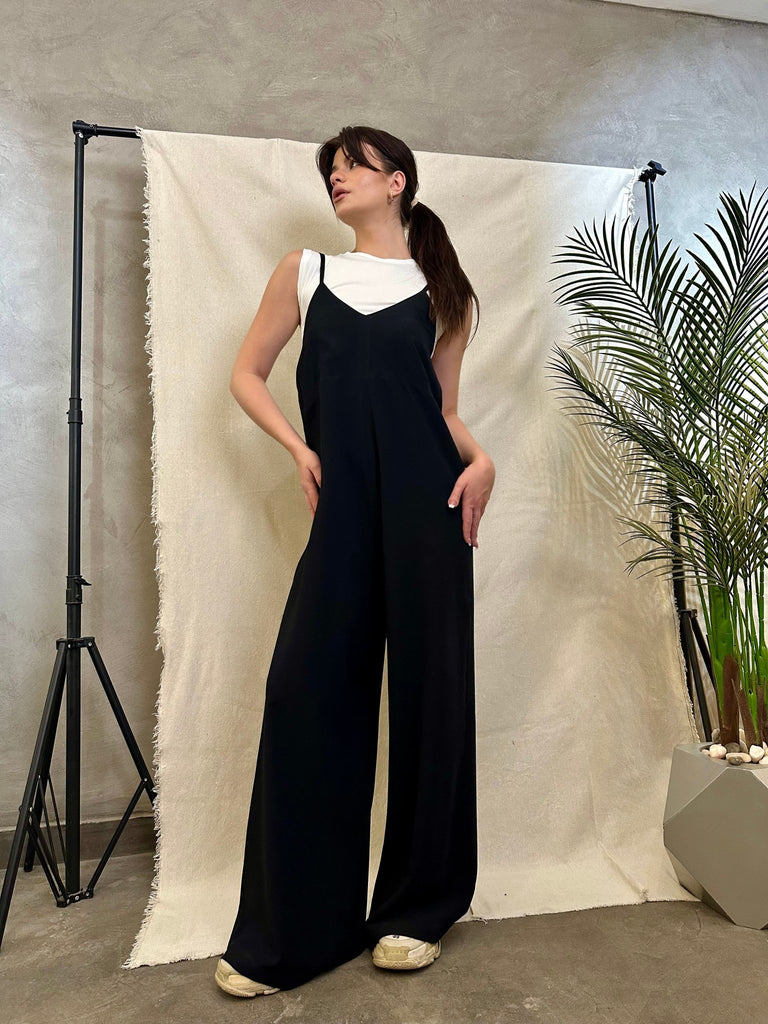 Black Spaghetti Strap Wide Leg Jumpsuit - Mii